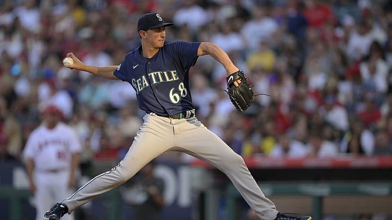 Aug 5, 2023; Anaheim, California, USA; Seattle Mariners starting pitcher George Kirby (68) throws to the plate in the third inning against the Los Angeles Angels at Angel Stadium. Mandatory Credit: Jayne Kamin-Oncea-USA TODAY Sports