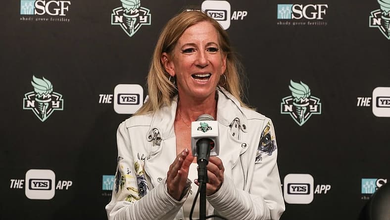 Aug 6, 2023; Brooklyn, New York, USA; WNBA Commissioner Cathy Engelbert speaks at a press conference prior to the game between the Las Vegas Aces and the New York Liberty at Barclays Center. Mandatory Credit: Wendell Cruz-USA TODAY Sports