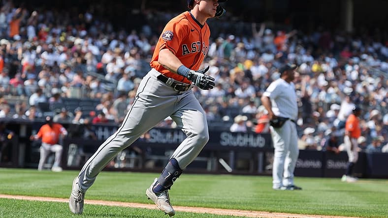 Aug 6, 2023; Bronx, New York, USA; Houston Astros center fielder Jake Meyers (6) runs the bases after his three-run home run during the sixth inning against New York Yankees relief pitcher Wandy Peralta (58) at Yankee Stadium. Mandatory Credit: Vincent Carchietta-USA TODAY Sports