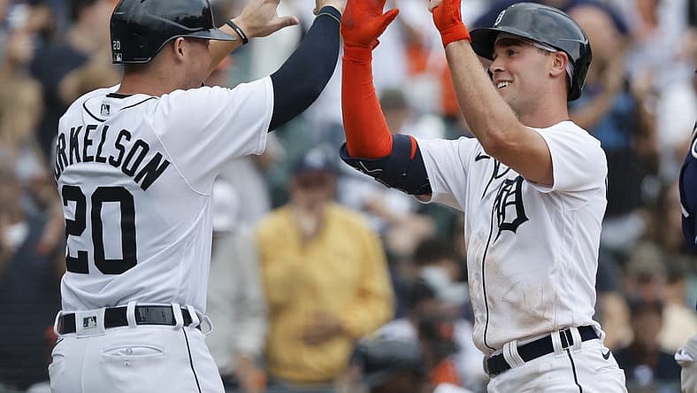 Aug 6, 2023; Detroit, Michigan, USA; Detroit Tigers designated hitter Kerry Carpenter (30) receives congratulations from first baseman Spencer Torkelson (20) after he hits a two run home run in the seventh inning against the Tampa Bay Rays at Comerica Park. Mandatory Credit: Rick Osentoski-USA TODAY Sports