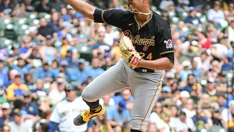 Aug 6, 2023; Milwaukee, Wisconsin, USA; Pittsburgh Pirates pitcher Johan Oviedo (24) pitches in the seventh inning against the Milwaukee Brewers at American Family Field. Mandatory Credit: Benny Sieu-USA TODAY Sports
