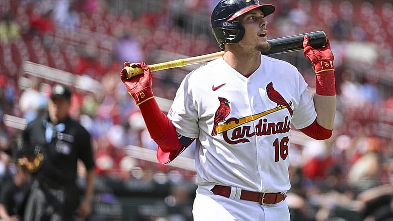 Aug 6, 2023; St. Louis, Missouri, USA; St. Louis Cardinals second baseman Nolan Gorman (16) walks back to the dugout after popping out in to foul territory against the Colorado Rockies during the ninth inning at Busch Stadium. Mandatory Credit: Jeff Curry-USA TODAY Sports