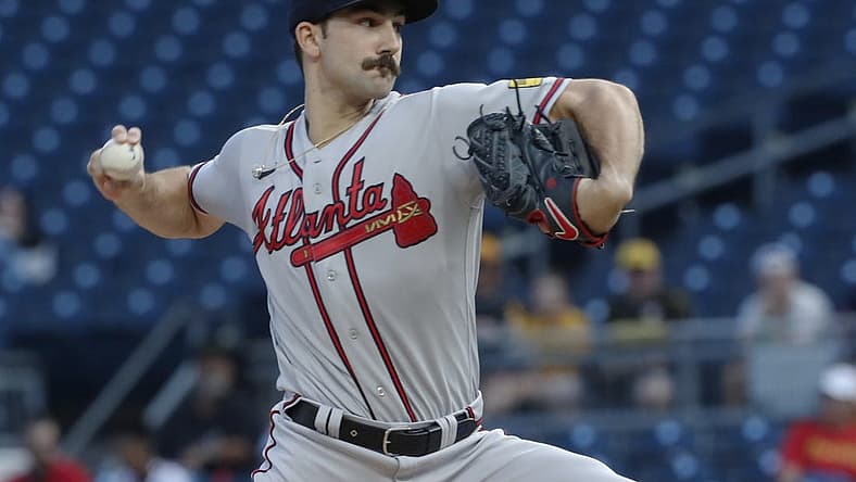 Aug 7, 2023; Pittsburgh, Pennsylvania, USA; Atlanta Braves starting pitcher Spencer Strider (99) delivers a pitch against the Pittsburgh Pirates during the first inning at PNC Park. Mandatory Credit: Charles LeClaire-USA TODAY Sports