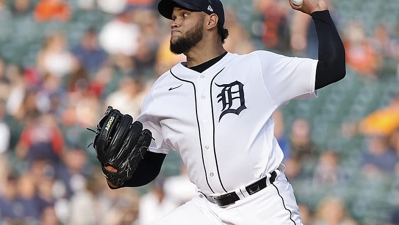 Aug 8, 2023; Detroit, Michigan, USA; Detroit Tigers starting pitcher Eduardo Rodriguez (57) pitches in the first inning against the Minnesota Twins at Comerica Park. Mandatory Credit: Rick Osentoski-USA TODAY Sports