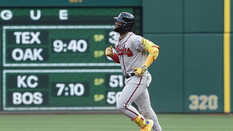 Aug 8, 2023; Pittsburgh, Pennsylvania, USA; Atlanta Braves right fielder Ronald Acuna Jr. (13) circles the bases on a solo home run against the Pittsburgh Pirates during the first inning at PNC Park. Mandatory Credit: Charles LeClaire-USA TODAY Sports