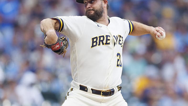 Aug 8, 2023; Milwaukee, Wisconsin, USA; Milwaukee Brewers pitcher Wade Miley (20) throws a pitch during the first inning against the Colorado Rockies at American Family Field. Mandatory Credit: Jeff Hanisch-USA TODAY Sports