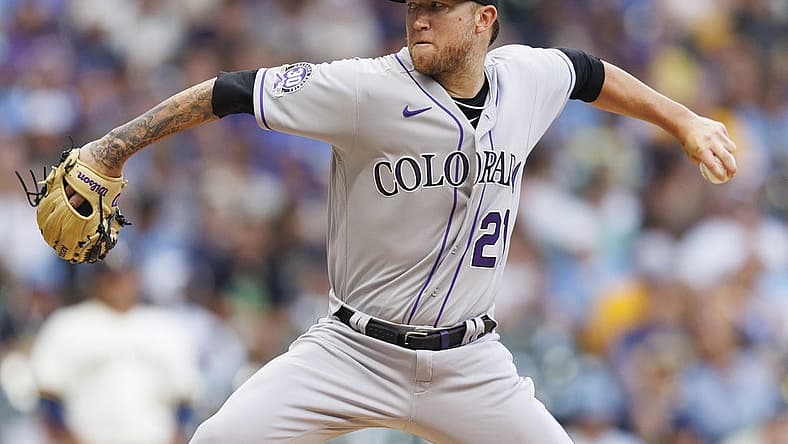 Aug 8, 2023; Milwaukee, Wisconsin, USA; Colorado Rockies pitcher Kyle Freeland (21) throws a pitch during the first inning against the Milwaukee Brewers at American Family Field. Mandatory Credit: Jeff Hanisch-USA TODAY Sports