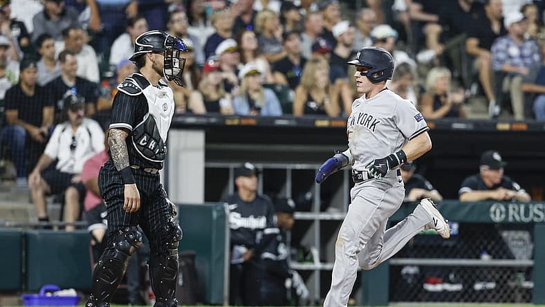 Aug 8, 2023; Chicago, Illinois, USA; New York Yankees center fielder Harrison Bader (22) scores against the Chicago White Sox during the fourth inning at Guaranteed Rate Field. Mandatory Credit: Kamil Krzaczynski-USA TODAY Sports