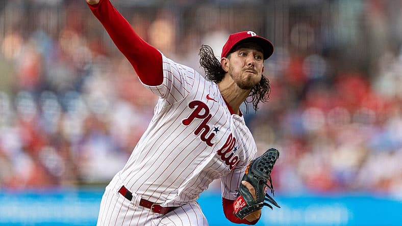 Aug 9, 2023; Philadelphia, Pennsylvania, USA; Philadelphia Phillies starting pitcher Michael Lorenzen (22) throws a pitch during the second inning against the Washington Nationals at Citizens Bank Park. Mandatory Credit: Bill Streicher-USA TODAY Sports