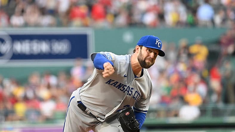 Aug 9, 2023; Boston, Massachusetts, USA;Kansas City Royals starting pitcher Jordan Lyles (24) pitches against the Boston Red Sox during the first inning at Fenway Park. Mandatory Credit: Eric Canha-USA TODAY Sports