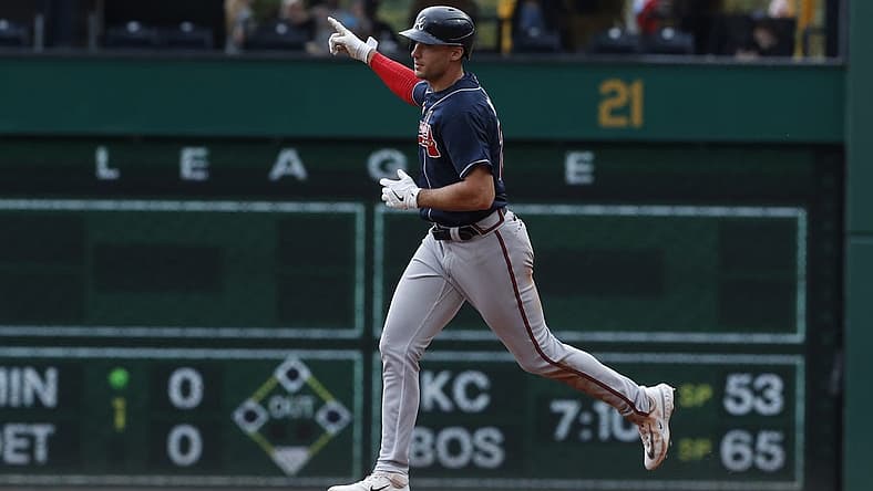 Aug 10, 2023; Pittsburgh, Pennsylvania, USA; Atlanta Braves first baseman Matt Olson (28) gestures as he circles the bases on a solo home run against the Pittsburgh Pirates during the third inning at PNC Park. Mandatory Credit: Charles LeClaire-USA TODAY Sports