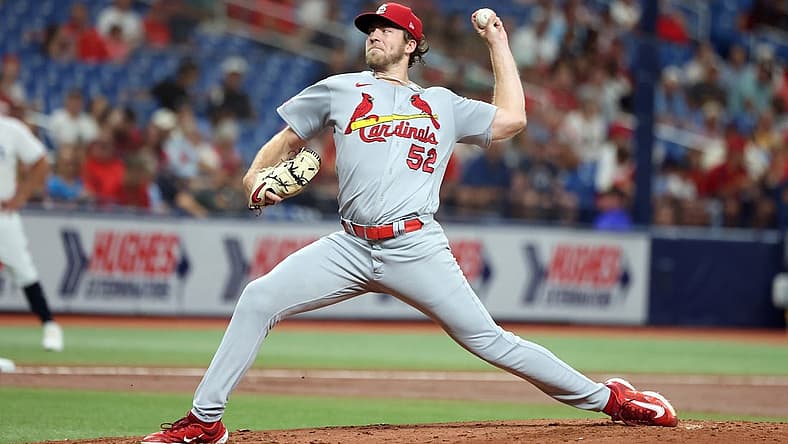 Aug 10, 2023; St. Petersburg, Florida, USA; St. Louis Cardinals starting pitcher Matthew Liberatore (52) throws a pitch against the Tampa Bay Rays during the second inning at Tropicana Field. Mandatory Credit: Kim Klement Neitzel-USA TODAY Sports