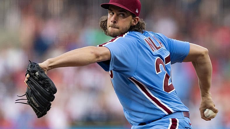 Aug 10, 2023; Philadelphia, Pennsylvania, USA; Philadelphia Phillies starting pitcher Aaron Nola (27) throws a pitch during the third inning against the Washington Nationals at Citizens Bank Park. Mandatory Credit: Bill Streicher-USA TODAY Sports
