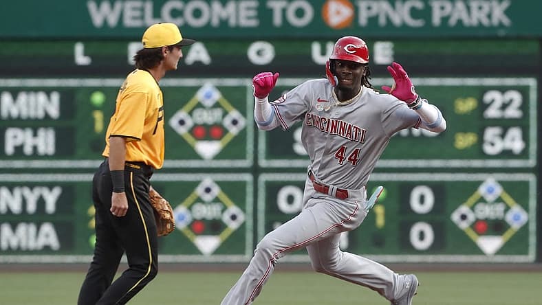 Aug 11, 2023; Pittsburgh, Pennsylvania, USA; Cincinnati Reds third baseman Elly De La Cruz (44) rounds second base on a two-RBI triple against the Pittsburgh Pirates during the first inning at PNC Park. Mandatory Credit: Charles LeClaire-USA TODAY Sports