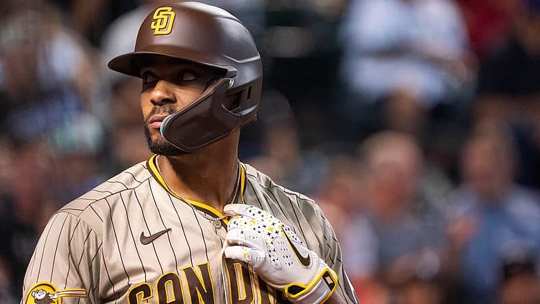 Aug 11, 2023; Phoenix, Arizona, USA; San Diego Padres infielder Xander Bogaerts (2) watches from the batters box in the third inning against the Arizona Diamondbacks at Chase Field. Mandatory Credit: Allan Henry-USA TODAY Sports