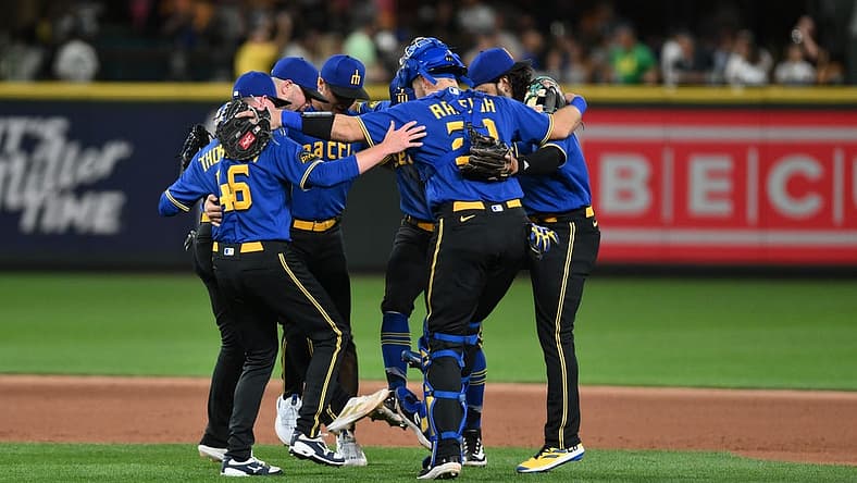 Aug 11, 2023; Seattle, Washington, USA; Seattle Mariners players celebrate defeating the Baltimore Orioles at T-Mobile Park. Mandatory Credit: Steven Bisig-USA TODAY Sports