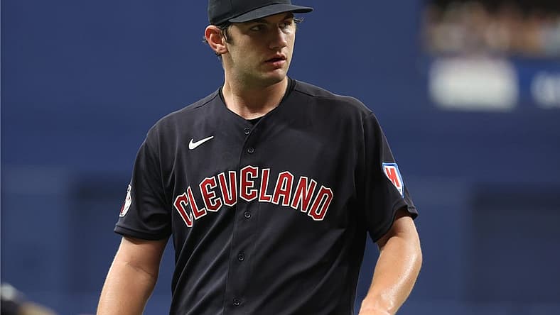 Aug 12, 2023; St. Petersburg, Florida, USA; Cleveland Guardians starting pitcher Gavin Williams (63) looks on after the first inning against the Tampa Bay Rays at Tropicana Field. Mandatory Credit: Kim Klement Neitzel-USA TODAY Sports