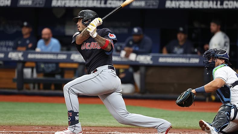 Aug 12, 2023; St. Petersburg, Florida, USA; Cleveland Guardians right fielder Gabriel Arias (13) singles against the Tampa Bay Rays during the second inning at Tropicana Field. Mandatory Credit: Kim Klement Neitzel-USA TODAY Sports