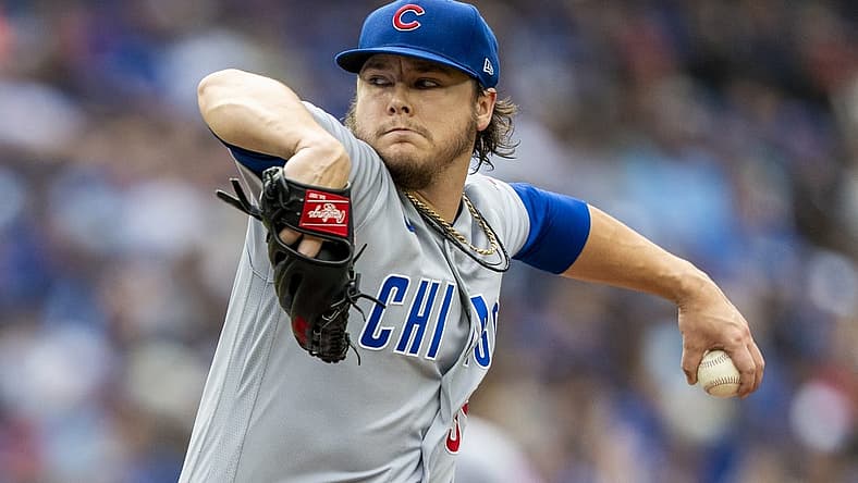 Aug 12, 2023; Toronto, Ontario, CAN; Chicago Cubs starting pitcher Justin Steele (35) pitches to the Toronto Blue Jays during the second inning at Rogers Centre. Mandatory Credit: Kevin Sousa-USA TODAY Sports