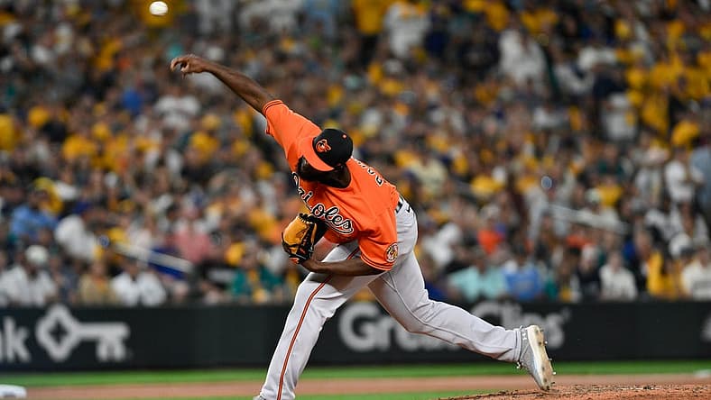 Aug 12, 2023; Seattle, Washington, USA; Baltimore Orioles relief pitcher Felix Bautista (74) pitches to the Seattle Mariners during the ninth inning at T-Mobile Park. Mandatory Credit: Steven Bisig-USA TODAY Sports