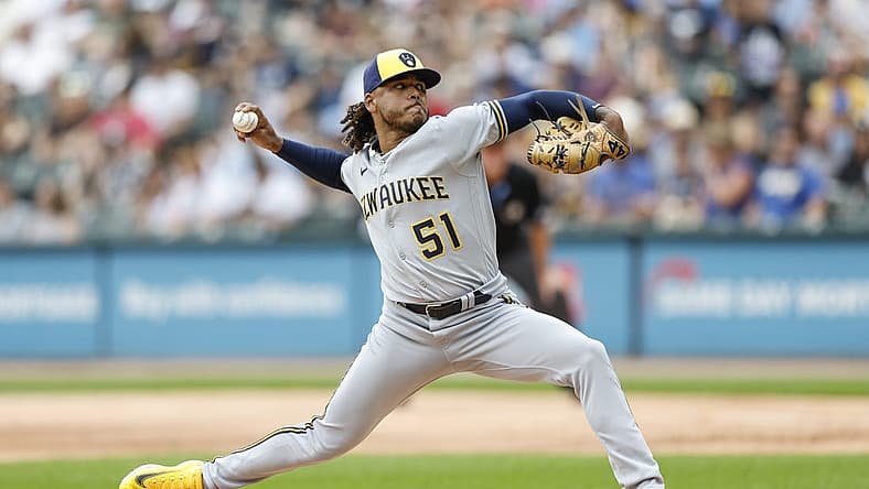 Aug 13, 2023; Chicago, Illinois, USA; Milwaukee Brewers starting pitcher Freddy Peralta (51) delivers a pitch against the Chicago White Sox during the first inning at Guaranteed Rate Field. Mandatory Credit: Kamil Krzaczynski-USA TODAY Sports