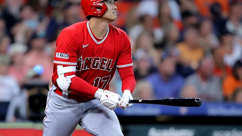 Aug 13, 2023; Houston, Texas, USA; Los Angeles Angels designated hitter Shohei Ohtani (17) hits a home run to center field against the Houston Astros during the sixth inning at Minute Maid Park. Mandatory Credit: Erik Williams-USA TODAY Sports