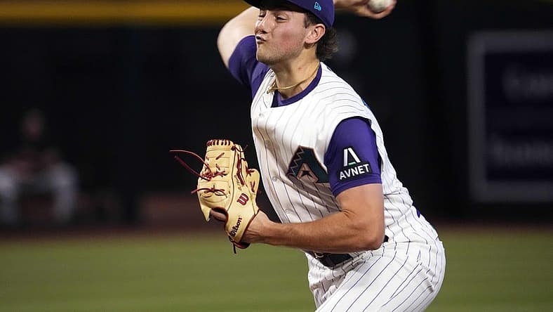 Aug 13, 2023; Phoenix, Arizona, USA; Arizona Diamondbacks starting pitcher Brandon Pfaadt (32) pitches against the San Diego Padres during the first inning at Chase Field. Mandatory Credit: Joe Camporeale-USA TODAY Sports