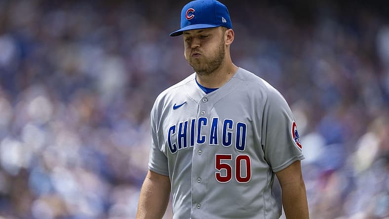 Aug 13, 2023; Toronto, Ontario, CAN; Chicago Cubs starting pitcher Jameson Taillon (50) reacts after being taken out of the game during the fourth inning against the Toronto Blue Jays at Rogers Centre. Mandatory Credit: Kevin Sousa-USA TODAY Sports