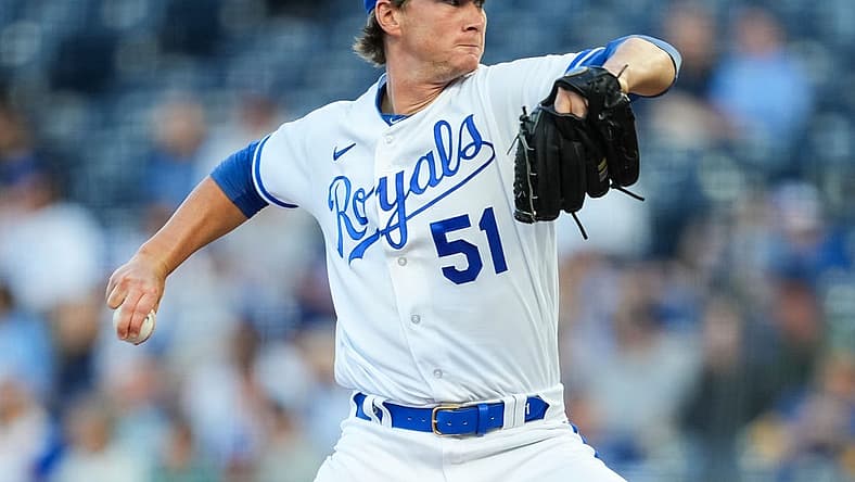 Aug 14, 2023; Kansas City, Missouri, USA; Kansas City Royals starting pitcher Brady Singer (51) pitches during the first inning against the Seattle Mariners at Kauffman Stadium. Mandatory Credit: Jay Biggerstaff-USA TODAY Sports