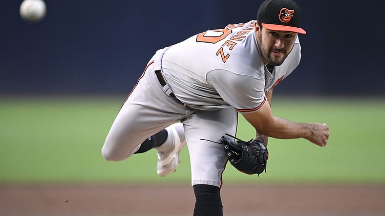 Aug 14, 2023; San Diego, California, USA; Baltimore Orioles starting pitcher Grayson Rodriguez (30) throws a pitch against the San Diego Padres during the first inning at Petco Park. Mandatory Credit: Orlando Ramirez-USA TODAY Sports