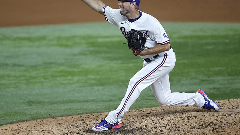 Aug 14, 2023; Arlington, Texas, USA; Texas Rangers starting pitcher Max Scherzer (31) pitches against the Los Angeles Angels in the fifth inning at Globe Life Field. Mandatory Credit: Tim Heitman-USA TODAY Sports