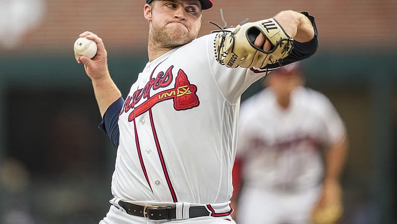 Aug 15, 2023; Cumberland, Georgia, USA; Atlanta Braves starting pitcher Bryce Elder (55) pitches against the New York Yankees during the first inning at Truist Park. Mandatory Credit: Dale Zanine-USA TODAY Sports