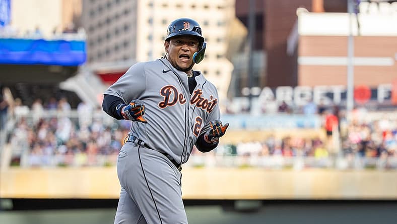 Aug 15, 2023; Minneapolis, Minnesota, USA; Detroit Tigers designated hitter Miguel Cabrera (24) celebrates after hitting a two-run home run during the second inning against the Minnesota Twins at Target Field. Mandatory Credit: Jordan Johnson-USA TODAY Sports