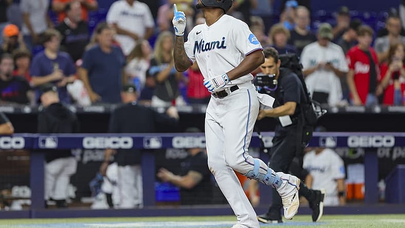 Aug 15, 2023; Miami, Florida, USA; Miami Marlins designated hitter Jorge Soler (12) circles the bases after hitting a two-run home run against the Houston Astros during the third inning at loanDepot Park. Mandatory Credit: Sam Navarro-USA TODAY Sports