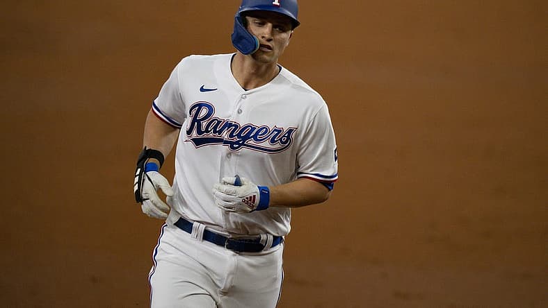 Aug 15, 2023; Arlington, Texas, USA; Texas Rangers shortstop Corey Seager (5) rounds the bases after he hits a home run against the Los Angeles Angels during the third inning at Globe Life Field. Mandatory Credit: Jerome Miron-USA TODAY Sports