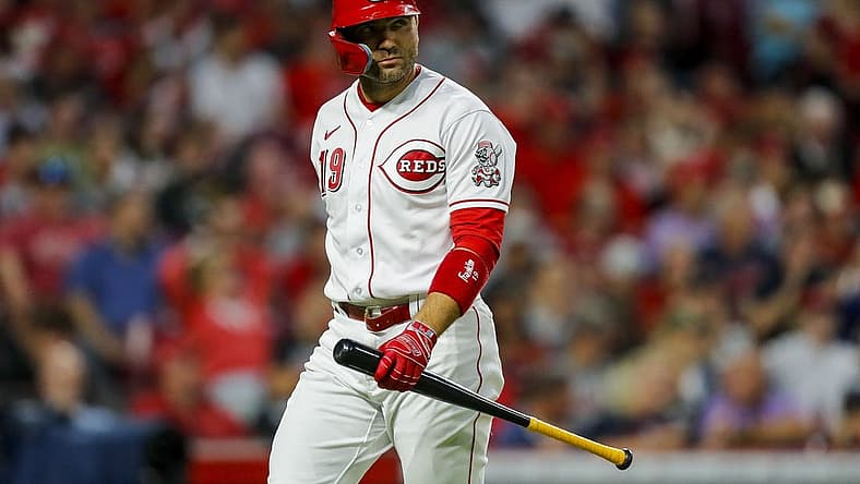 Aug 15, 2023; Cincinnati, Ohio, USA; Cincinnati Reds pinch hitter Joey Votto (19) walks off the field after striking out against the Cleveland Guardians in the seventh inning at Great American Ball Park. Mandatory Credit: Katie Stratman-USA TODAY Sports