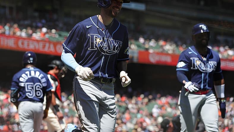 Aug 16, 2023; San Francisco, California, USA; Tampa Bay Rays second baseman Brandon Lowe (8) smiles after hitting a two run home run during the fifth inning against the San Francisco Giants at Oracle Park. Mandatory Credit: Sergio Estrada-USA TODAY Sports
