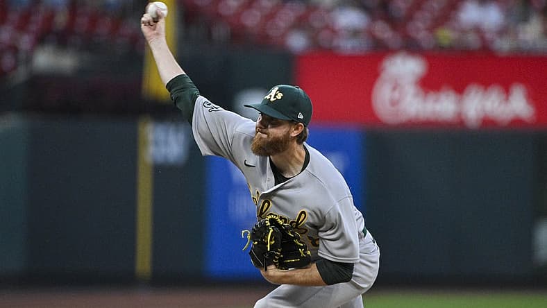 Aug 16, 2023; St. Louis, Missouri, USA; Oakland Athletics starting pitcher Paul Blackburn (58) pitches against the St. Louis Cardinals during the sixth inning at Busch Stadium. Mandatory Credit: Jeff Curry-USA TODAY Sports