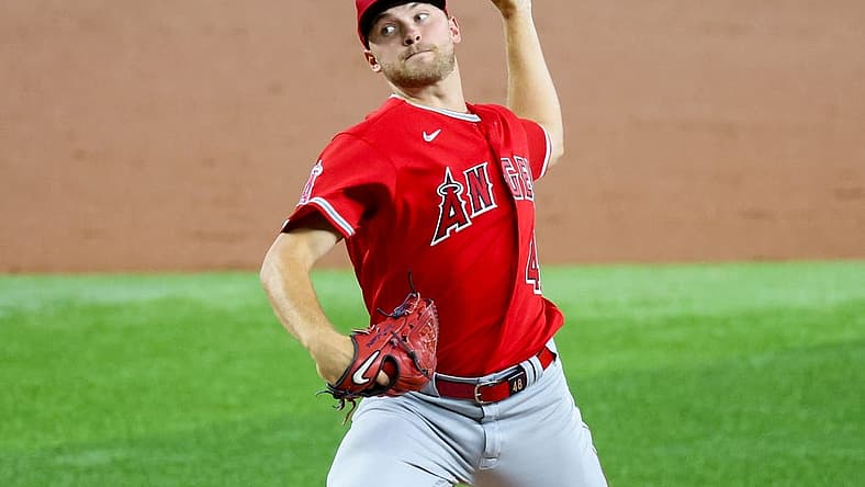 Aug 16, 2023; Arlington, Texas, USA; Los Angeles Angels starting pitcher Reid Detmers (48) throws during the first inning against the Texas Rangers at Globe Life Field. Mandatory Credit: Kevin Jairaj-USA TODAY Sports