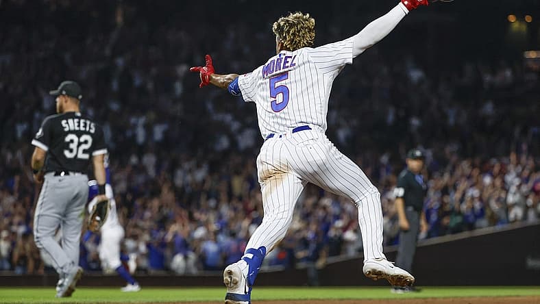 Aug 16, 2023; Chicago, Illinois, USA; Chicago Cubs second baseman Christopher Morel (5) celebrates as he rounds the bases after hitting a three-run walk-off home run against the Chicago White Sox during the ninth inning at Wrigley Field. Mandatory Credit: Kamil Krzaczynski-USA TODAY Sports