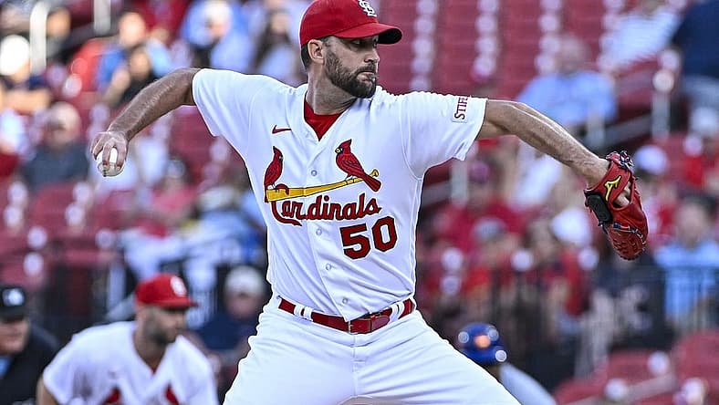 Aug 17, 2023; St. Louis, Missouri, USA; St. Louis Cardinals starting pitcher Adam Wainwright (50) pitches against the New York Mets during the first inning at Busch Stadium. Mandatory Credit: Jeff Curry-USA TODAY Sports