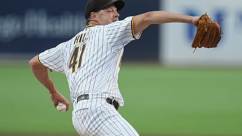 Aug 17, 2023; San Diego, California, USA; San Diego Padres starting pitcher Rich Hill (41) throws a pitch against the Arizona Diamondbacks during the first inning at Petco Park. Mandatory Credit: Ray Acevedo-USA TODAY Sports