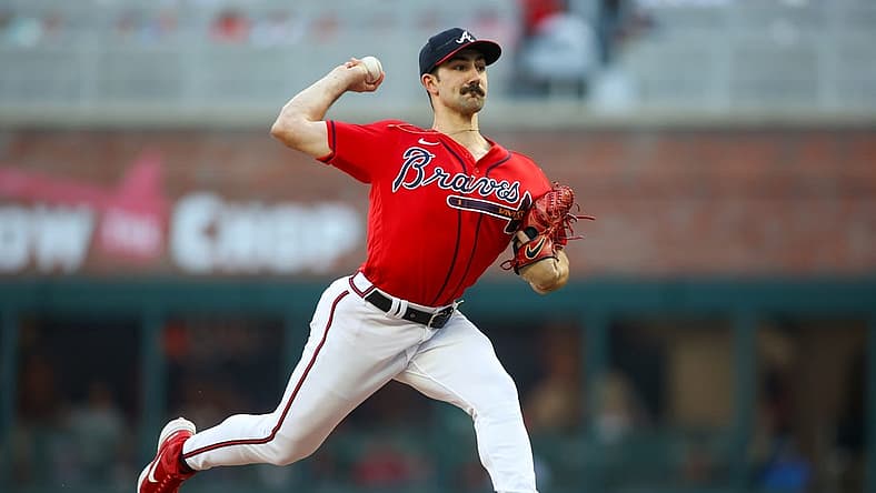 Aug 18, 2023; Atlanta, Georgia, USA; Atlanta Braves starting pitcher Spencer Strider (99) throws against the San Francisco Giants in the first inning at Truist Park. Mandatory Credit: Brett Davis-USA TODAY Sports