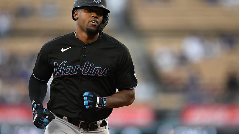 Aug 18, 2023; Los Angeles, California, USA; Miami Marlins designated hitter Jorge Soler (12) runs the bases after hitting a home run against the Los Angeles Dodgers during the first inning at Dodger Stadium. Mandatory Credit: Jonathan Hui-USA TODAY Sports
