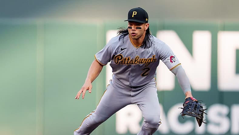 Aug 19, 2023; Minneapolis, Minnesota, USA; Pittsburgh Pirates right fielder Connor Joe (2) reacts to a hit ball against the Minnesota Twins in the first inning at Target Field. Mandatory Credit: Matt Blewett-USA TODAY Sports