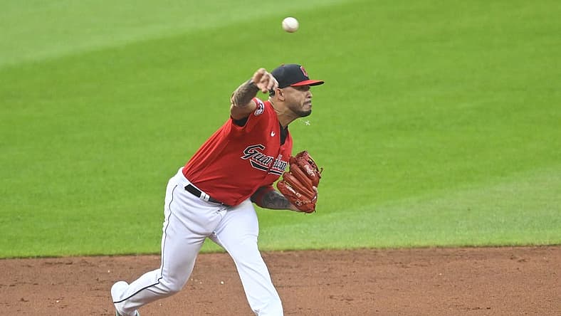 Aug 19, 2023; Cleveland, Ohio, USA; Cleveland Guardians shortstop Gabriel Arias (13) throws to first base in the second inning against the Detroit Tigers at Progressive Field. Mandatory Credit: David Richard-USA TODAY Sports