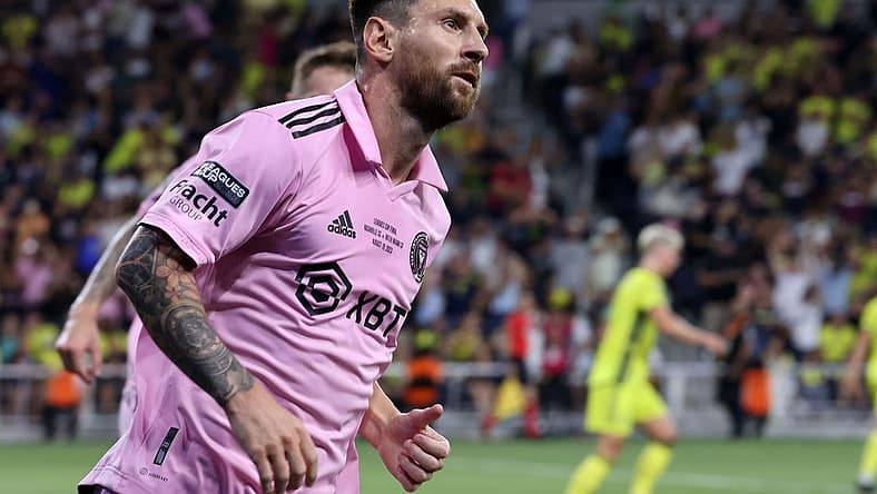 Aug 19, 2023; Nashville, TN, USA; Inter Miami forward Lionel Messi (10) reacts after scoring a goal against Nashville SC during he first half for the Leagues Cup Championship match at GEODIS Park. Mandatory Credit: Vasha Hunt-USA TODAY Sports