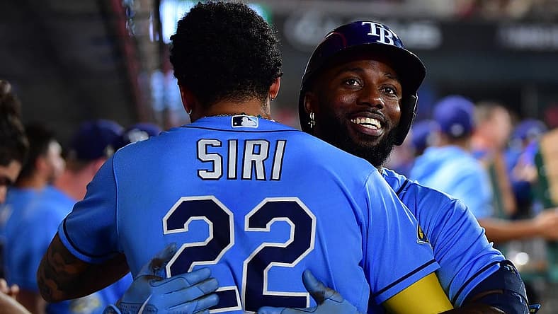 Aug 19, 2023; Anaheim, California, USA; Tampa Bay Rays left fielder Randy Arozarena (56) is greeted by center fielder Jose Siri (22) after hitting a two run home run against the Los Angeles Angels during the seventh inning at Angel Stadium. Mandatory Credit: Gary A. Vasquez-USA TODAY Sports