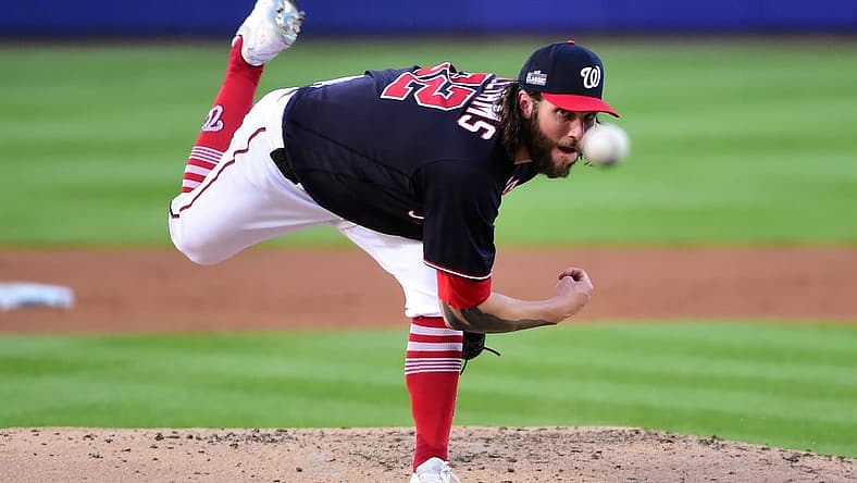 Aug 20, 2023; Williamsport, Pennsylvania, USA; Washington Nationals pitcher Trevor Williams (32) throws a pitch in the second inning against the Philadelphia Phillies at Muncy Bank Ballpark at Historic Bowman Field. Mandatory Credit: Evan Habeeb-USA TODAY Sports