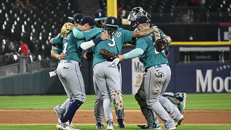 Aug 22, 2023; Chicago, Illinois, USA; The Seattle Mariners celebrate after the team s game against the Chicago White Sox at Guaranteed Rate Field. Mandatory Credit: Matt Marton-USA TODAY Sports